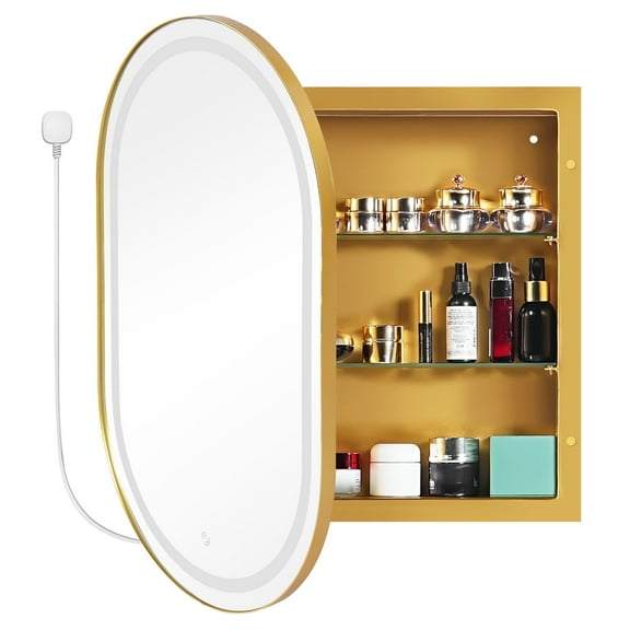 34"x 20" Bathroom LED Mirror Medicine Cabinet with Lights, Recessed or Wall Mounted Bathroom Vanity Mirror with 2 Adjustable Storage Shelves, Defogger, Dimmable, Memory Function, Outlets & USB,Gold