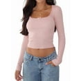 thumbnail image 2 of Female Long Sleeve Crop Top Square Neck Going Out Tops Cute Ribbed Knit Bow-Knot Lace Patchwork T Shirts Pink S, 2 of 7