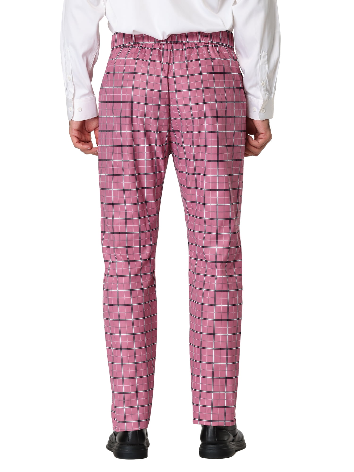 Unique Bargains Men's Business Flat Front Plaid Pants Casual Checked Trousers 30 Pink