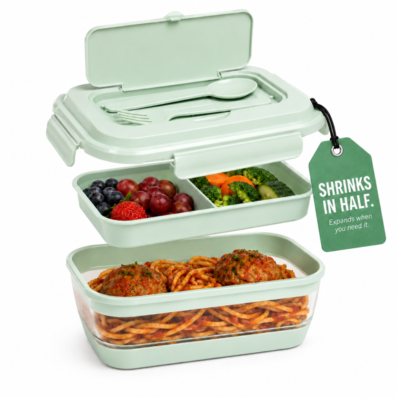 CHEFSPOT Collapsible Silicone 3 Compartment Bento Lunch Box, 41 oz, Sage