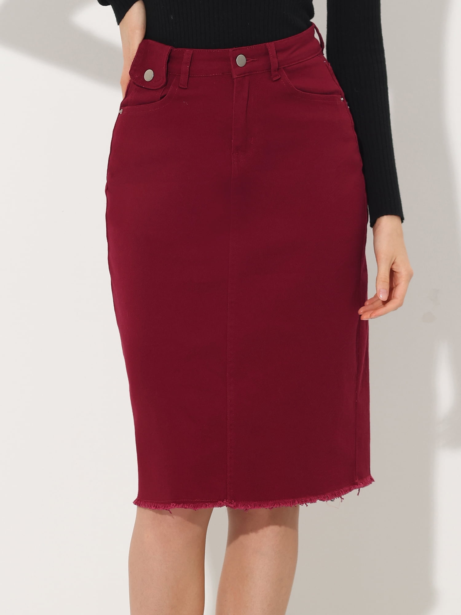 DARING DIVA Women's Jean Back Vent Midi Length Denim Skirts L Dark Red
