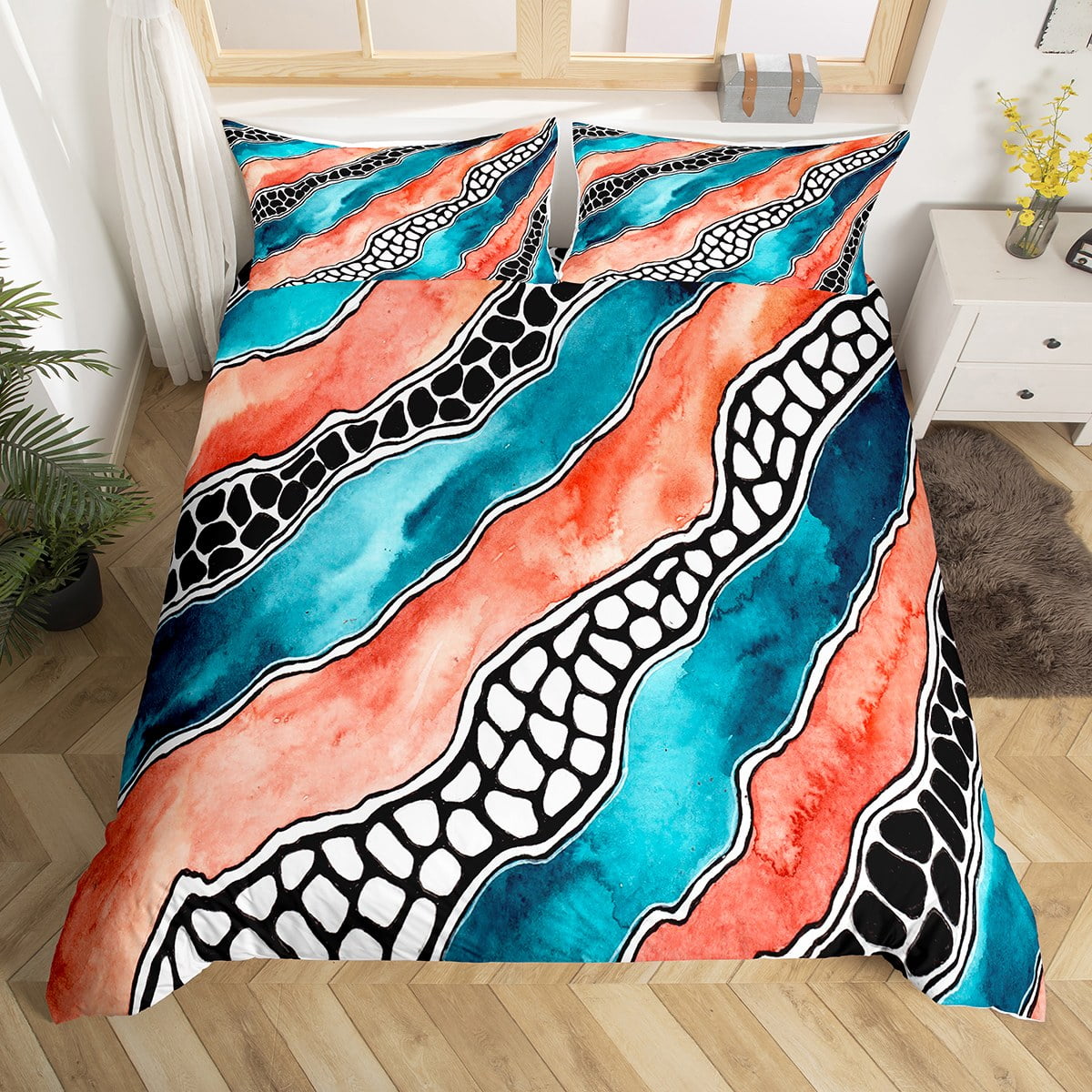 YST Geometric Stripe Comforter Cover Blue Tie Dye Bed Set, Orange