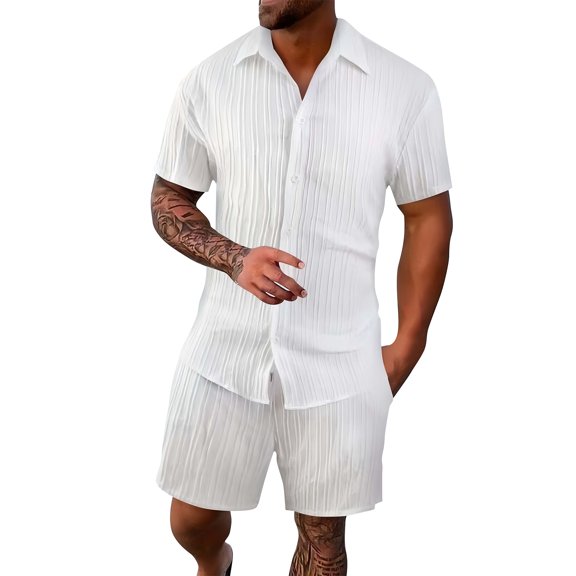 Clossjun Mens Short Sets 2 Piece Summer Outfits Jacquard Short Sleeve Button Down Shirt and Shorts Set