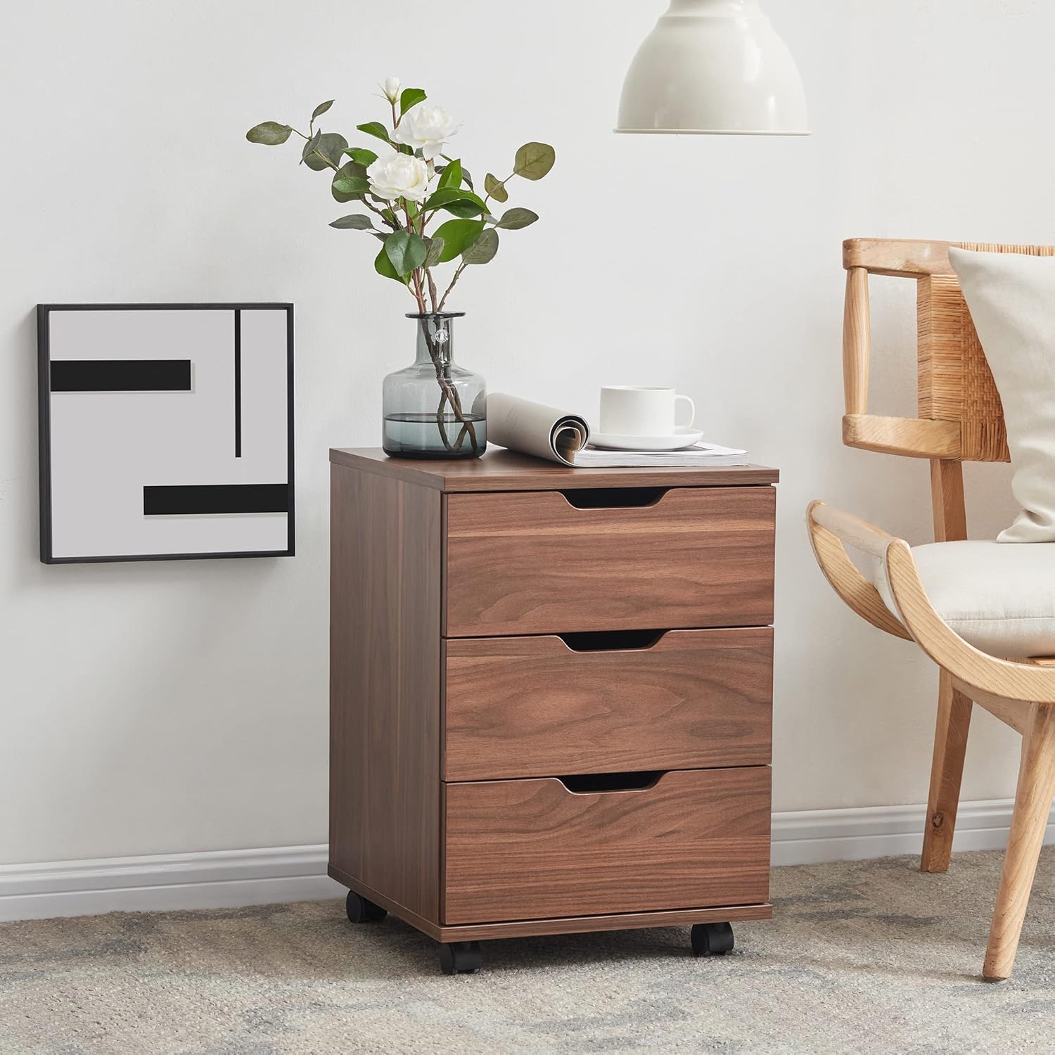 3-Drawer Vertical Filing Cabinet Rolling Wood Mobile File Cabinets Under Desk for Home Office with Casters (Brown Walnut, Fully Assembled)