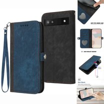 ELEHOLD for Google Pixel 6A Wallet Case with Detachable Wrist Strap Handbag, Luxury PU Leather Flip Soft TPU Built-in Magnetic Card Slots Kickstand Function Shockproof Protective Cover Case,Blue