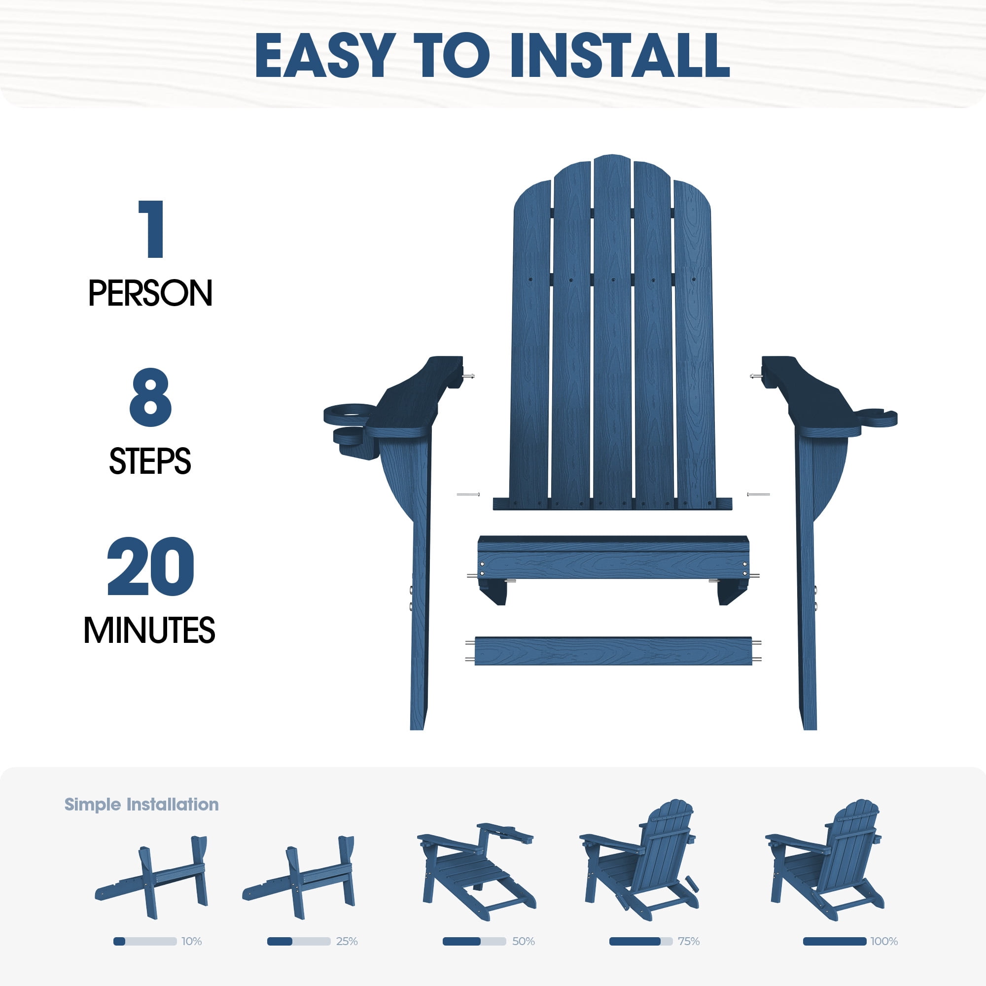 Folding Adirondack Chair, All-Weather HDPE Plastic Patio Fire Pit Chair, Navy