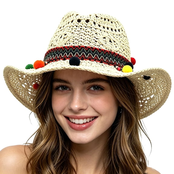 Yuanlong Womens Cowboy Straw Hat Hollow Crochet Colorful Pompom Decor Sun Cap Wide Brim Foldable Retro Summer Beach Travel Hat