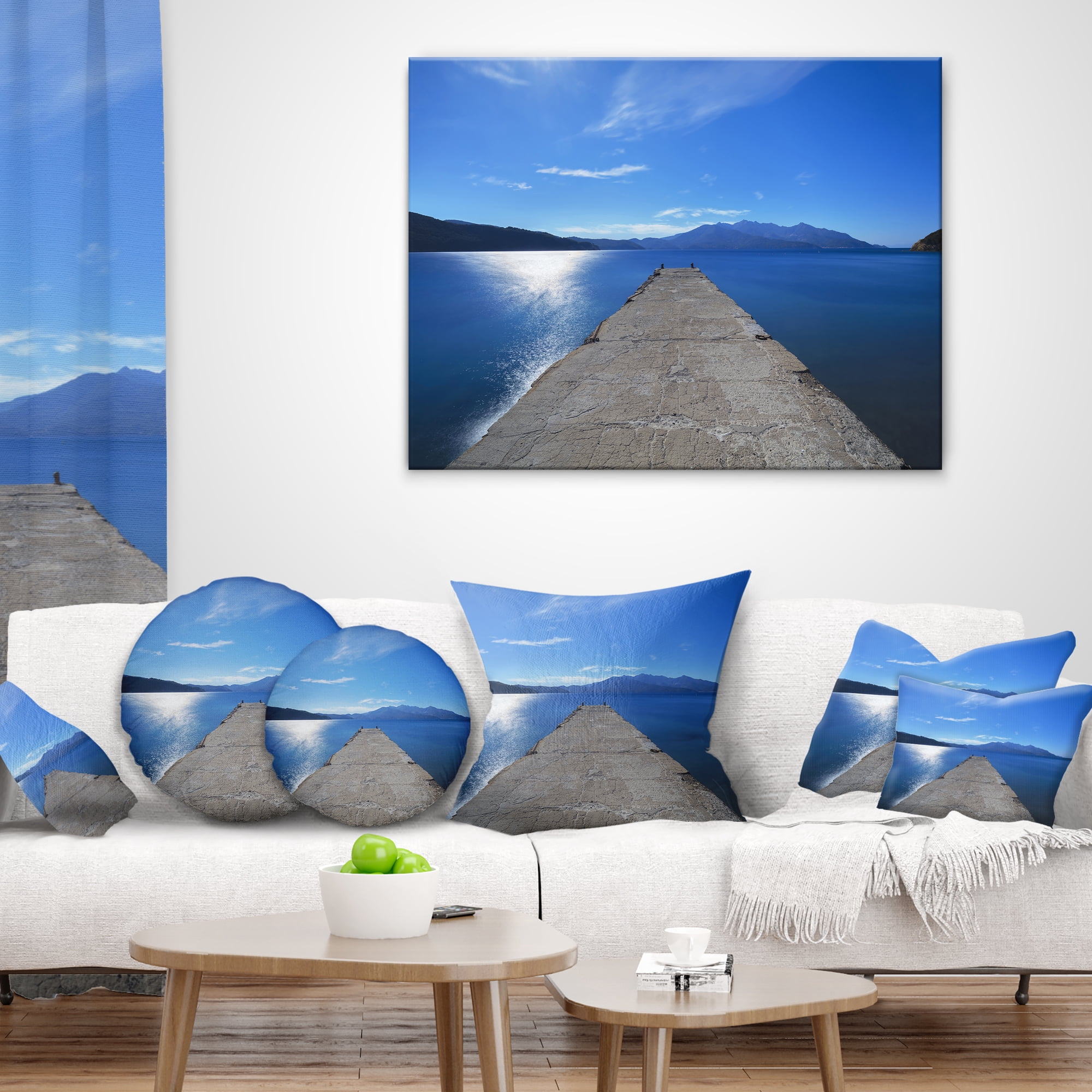 Designart Elba Island Pier and Capanne Mountain - Landscape Wall Throw Pillow - 18x18