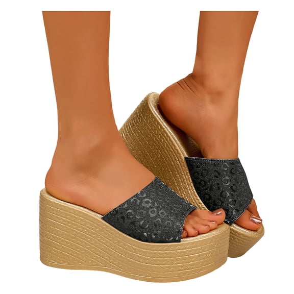Rokment Sparkly Metallic Platform Wedge Slip on Sandals for Women Dressy Bridal Bling Trendying Casual Leather Height Increasing Chunky Heeled Dress Slides Comfy Walking Slippers Black Size 6