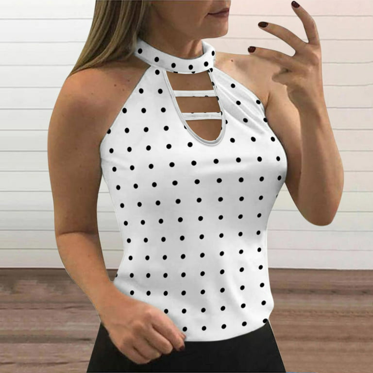 EHQJNJ Tank Tops for Women 2024 Ribbed Women Round Neck Sleeveless Hollow  out Polka Dot Print Halter Slim Tank Top Spaghetti Strap Tank Top with  Built in Bra Slim Fit 