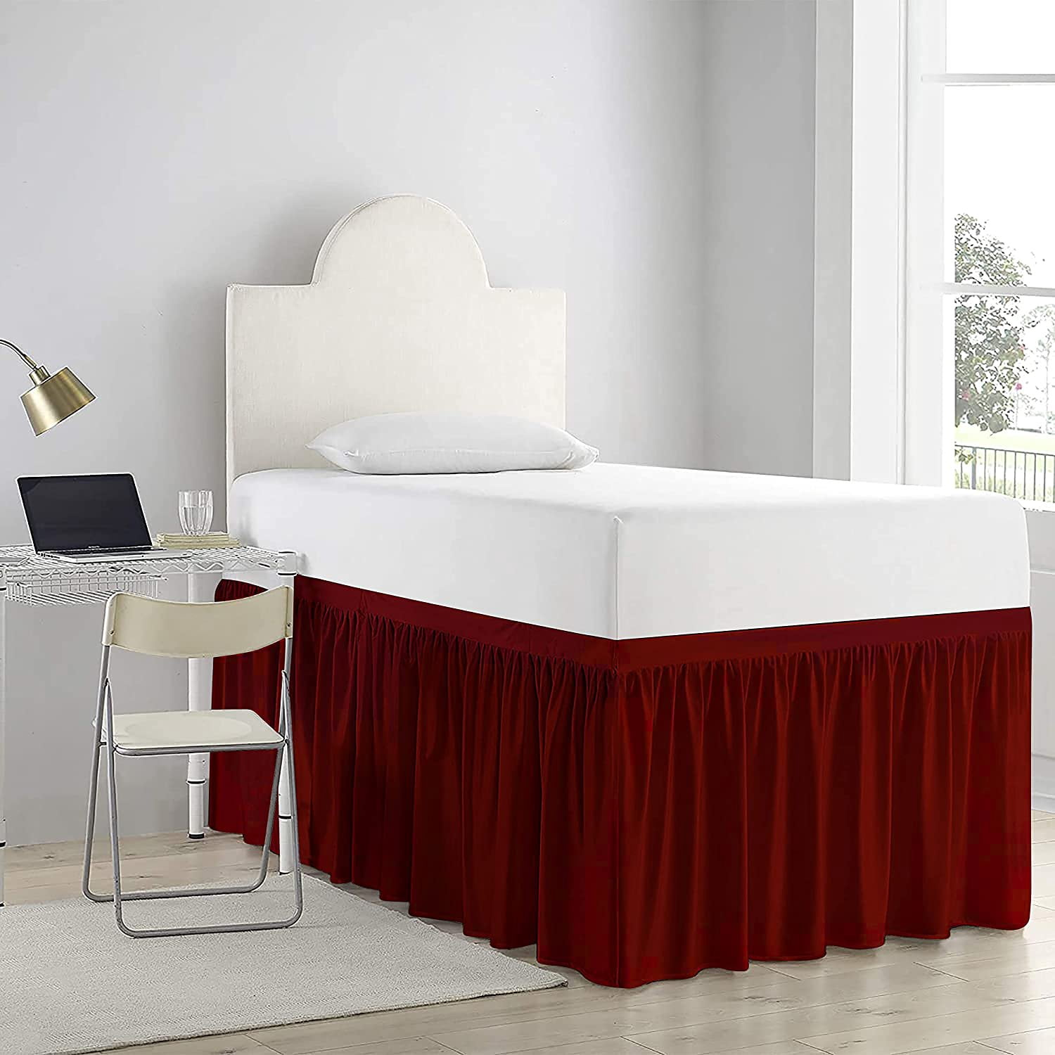 Dorm Bed Skirt Twin XL 56" Drop, College Dorm Room Bed Skirts Easy to Put On Twin XL Size Dust Ruffle Dorm Sized Bed Skirts, 600TC Egyptian Cotton Bed Skirt, (Burgundy, Twin-XL - 56" Drop)