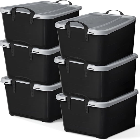 6 Pack Heavy Duty Stackable Storage Bin, 55 Quart Home Organizer, Versatile Lightweight Locking Bins with Carrying Handles, Black/Gray