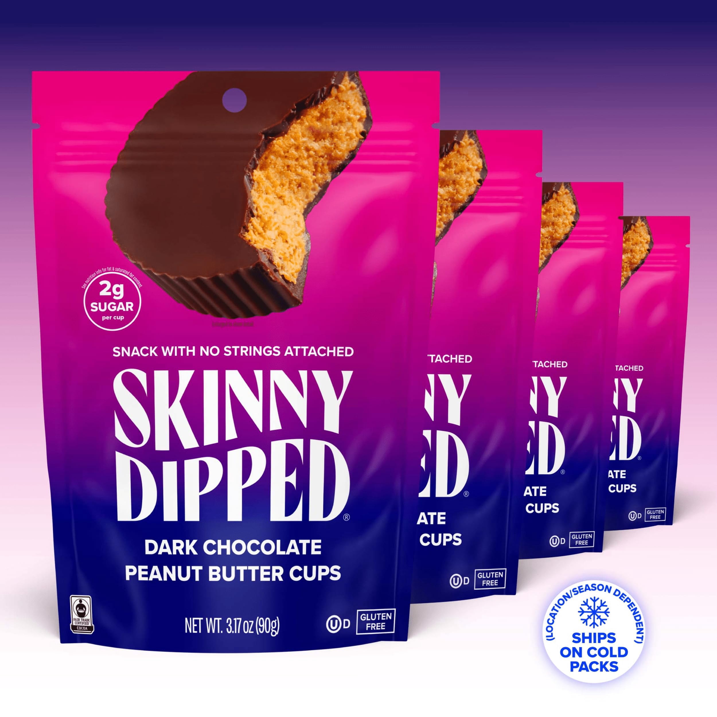 SkinnyDipped Dark Chocolate Peanut Butter Cups, 2g Sugar per Cup, Keto Friendly, No Palm Oil, Gluten Free, 3.2oz, 4 Pack (24 Cups Total)