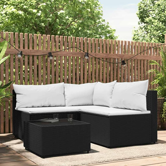 vidaXL 4 Piece Garden Lounge Set with Cushions Black Poly Rattan