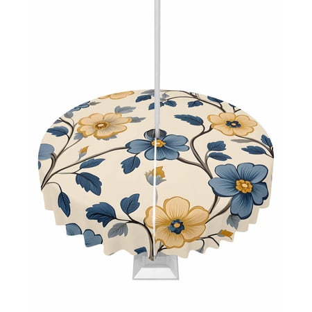 Fsddascl Blue Yellow Spring Floral Outdoor Tablecloth - 54 Inch Round Dining Table Cover Botanical Garden Flowers Waterproof Outdoor Table Cloth with Umbrella Hole & Zipper for Picnic/Patio/Party