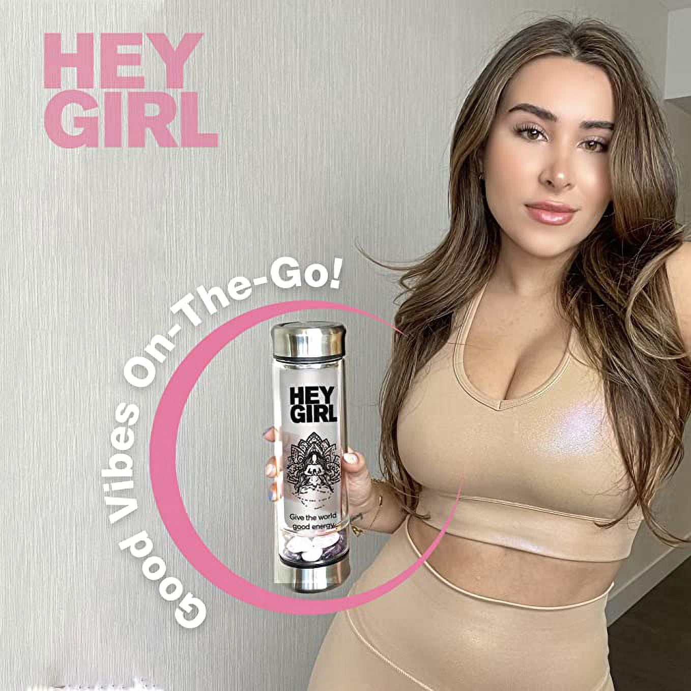 Hey Girl Crystal Water Bottle with Rose Quartz & Amethyst Crystal - Reusable Glass Water Bottles - Tea Infuser Bottle, Clear Glass Travel Mug Tumbler for Women - 350ml