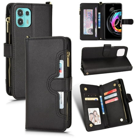 Case for Motorola Edge 20 Fusion Cover Zipper Magnetic Wallet Card Holder PU Leather Flip Case - Black