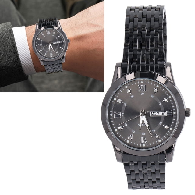 Men Chronograph Watch, Men Quartz Watch Black Calendar Casual Dial Rhinestones Scratch Resistant for Business