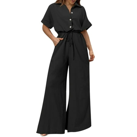 

RUIKAR Women Fashion Solid Belt Romper Long Playsuit Short Sleeve Pocket Button Jumpsuit Women s Jumpsuit Black XL