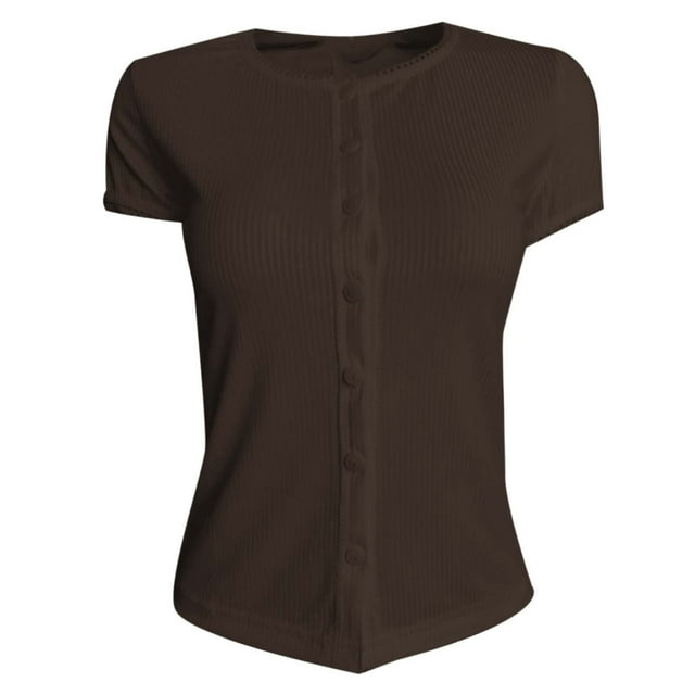 JAKANYQ Women T-Shirts New Sexy Hot Girl Button Short Sleeve Threaded Cardigan Tops Solid Color T Shirt Leisure Tee