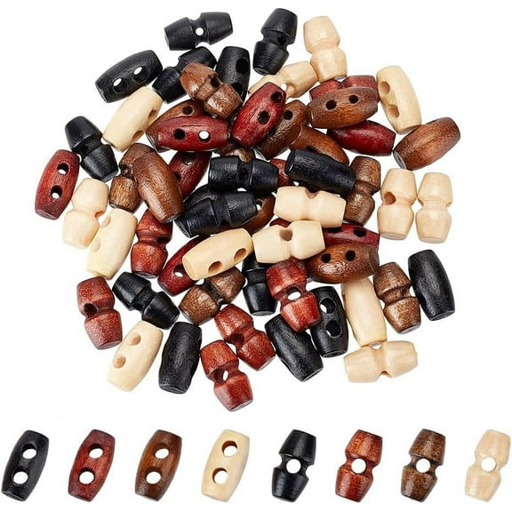 64Pcs 8 Styles Wooden Buttons for Doll Clothing Accessories Barrel Mixed Color 15~18x8mm Hole: 2.5~3mm 8pcs/style