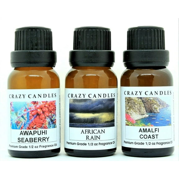 Crazy Candles 3 Bottles Set, 1 Awapuhi Seaberry, 1 African Rain, 1 Amalfi Coast 1/2 fl oz Each (15ml) Premium Grade Scented Fragrance Oils
