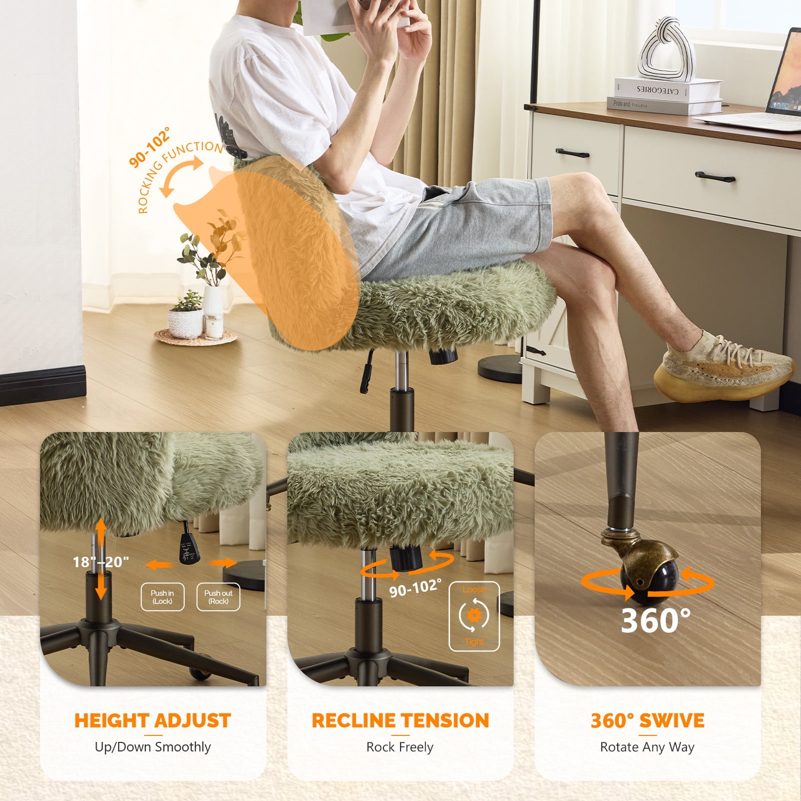 Ktaxon Vanity Chair, Adjustable Desk Chair with Metal Base and Swiveel Casters, Long Pile Fabric Makeup Chair for Women, Ideal for Office,Study and Home Green