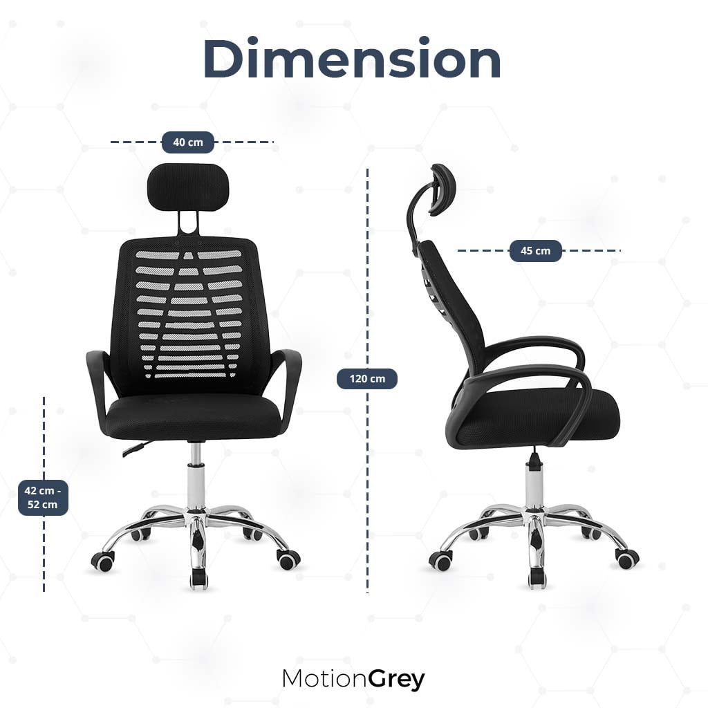 MotionGrey Stylish Ergonomic High Mesh Office Chair with Adjustable Head, Armrest & Lumbar Support - Basic