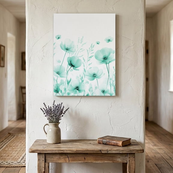 Ships Next Day Canvas Wall Art 11"x14",Teal Spring Floral Wood Framed Canvas Print Painting,Summer Botanical Watercolor Vintage Ready to Hang Small Picture Wall Decor for Bathroom Bedroom Hallway