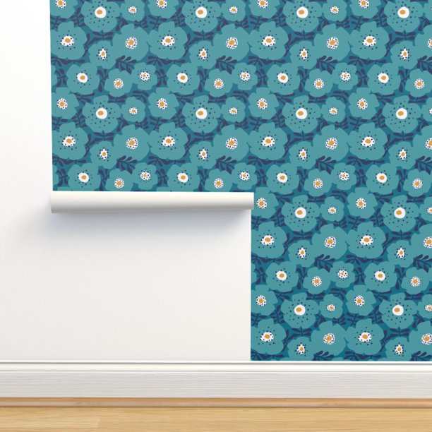 Traditional Wallpaper Big Blue Flowers Bold - Walmart.com