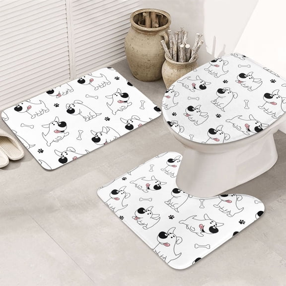 Bathroom Rugs Sets 3 Piece - white Dog Cute Absorbent Non Slip Bath Mats, U-Shape Toilet Lid Cover, Contour Mat, Soft Washable Shower Mats Bath Rug Mat for Bathroom Tub Toilet