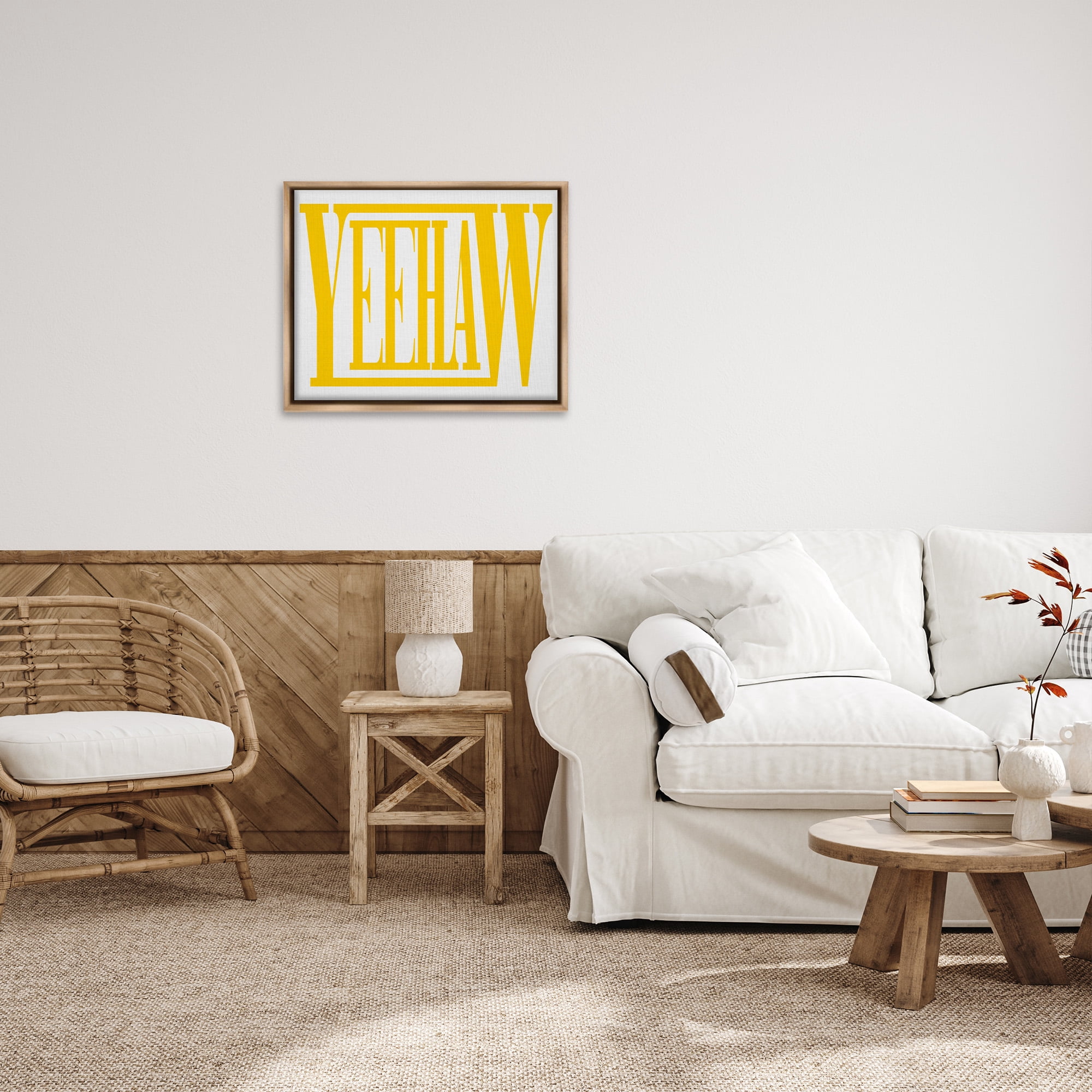 Stupell Industries Yeehaw Yellow Typography Typography Painting Brown Floater Framed Canvas Art Print Wall Art, 31 x 25