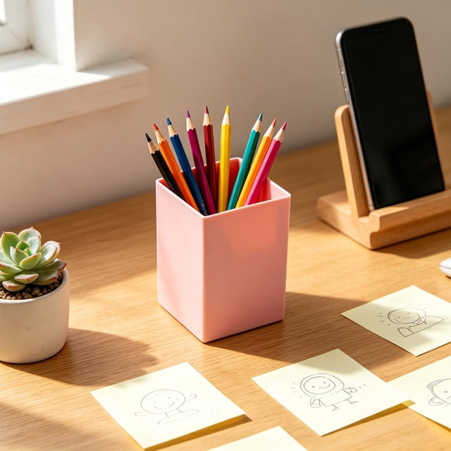 Plastic Pen Desktop organizer - Office Supplies Storage Caddy, Multicolor Stationery Holder, Pink, JKODE