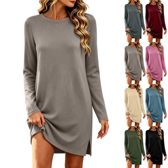 Bxsruta Womens Long Sleeve T-Shirt Dress Crew Neck Casual Loose Mini Dresses