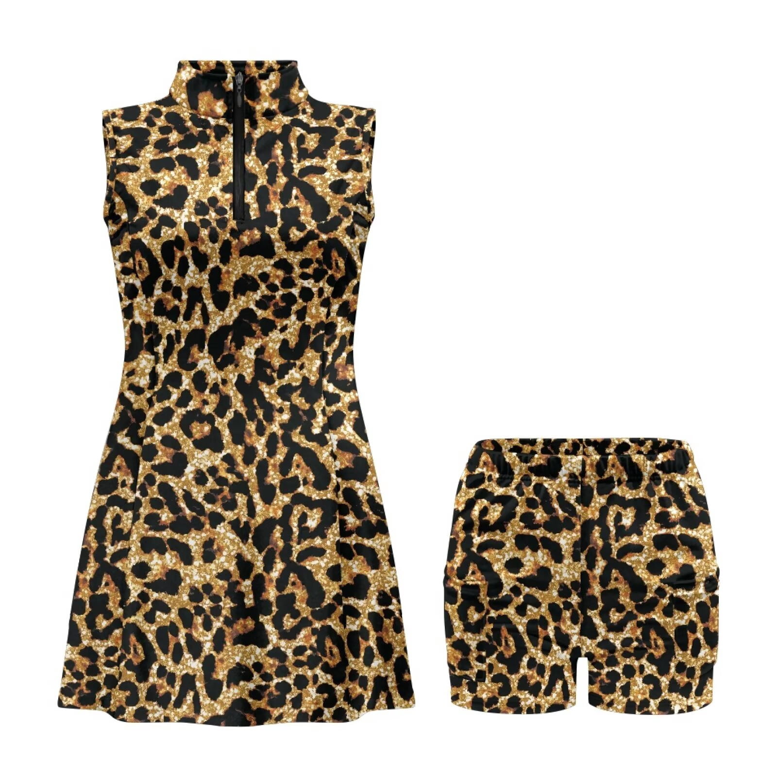 Uorisanigo Golden Leopard Print Golf Dresses for Women Size XL Soft Comfortable Sleeveless Workout Athletic Dresses Breathable Athletic Workout Dress with Zipper