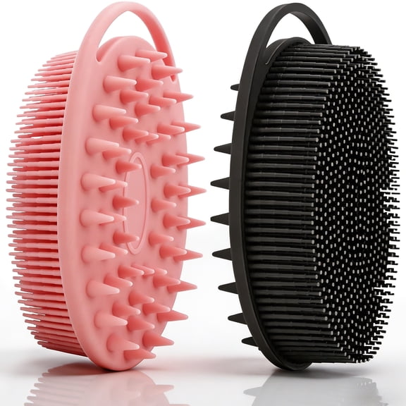 AIMAIAIMAI 2-Pack Silicone Body Scrubber | Dual-Sided Silicone Loofah & Scalp Massager | Hygienic, Quick-Drying Bath Brush for All Ages (Pink & Black)