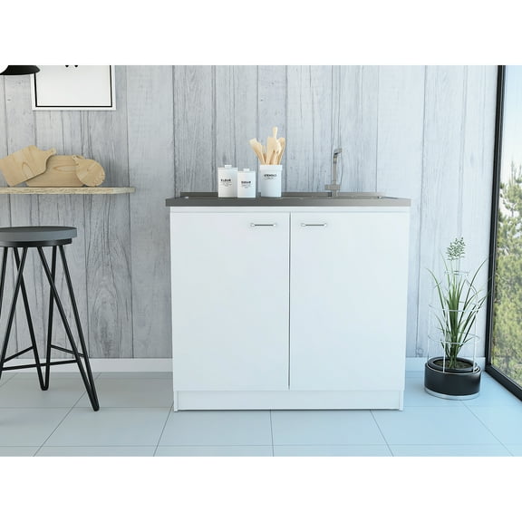 White Kitchen Utility Sink Cabinet - With Stainless Steel Counter And Double Door Storage Modern Functional Space Efficient