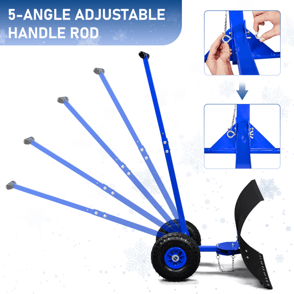 Adjustable Snow Plow with Inflatable Wheels, T-Handle Human-Powered Manual Snow Shovel for Driveways & Sidewalks, Iron Blade Snow Removal Tool, Blue & Black