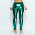 thumbnail image 3 of OFENTI Metallic Shiny Leggings - Mid Waist Faux Leather Footless Tights Pants Wet Look Skinny Glamour Green 1X, 3 of 6