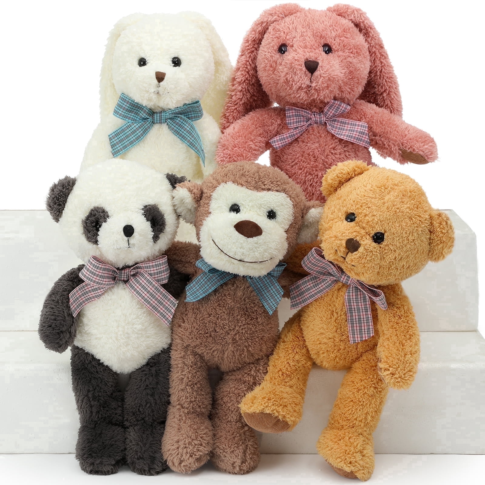 MorisMos 5-Pack Forest Animal Stuffed Toy Set, 12.6in Plush Set With Teddy Bear, Bunny, Panda, Monkey