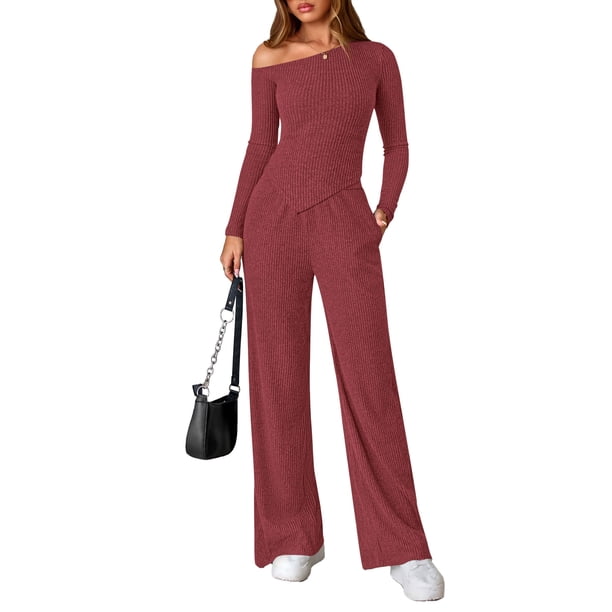 Conjunto de Dos Piezas PRETTYGARDEN Otoño para Mujer Vino Tinto Talla L
