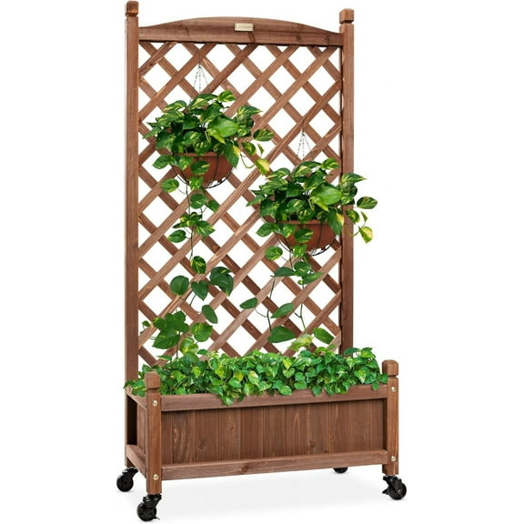 YYEAN 48in Wood Planter Box & Diamond Lattice Trellis, Mobile Outdoor Raised Garden Bed for Climbing Plants w/Drainage Holes, Optional Wheels-Set of 1-