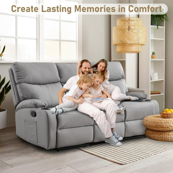 Light Grey 3-Seater Manual Leather Reclining Sofa with Side Pockets, Triple Recliner Couch for Living Rooms, Family Nights & Entertainment