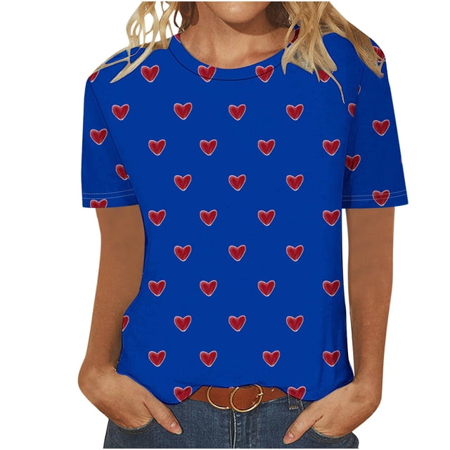 Swstbby Liquidation d'Économies d'Été! Hauts d'Été pour Femmes Grande Taille, T-Shirt Imprimé Décontracté et Tendance pour Femme à Col Rond à Manches Courtes Bleu P