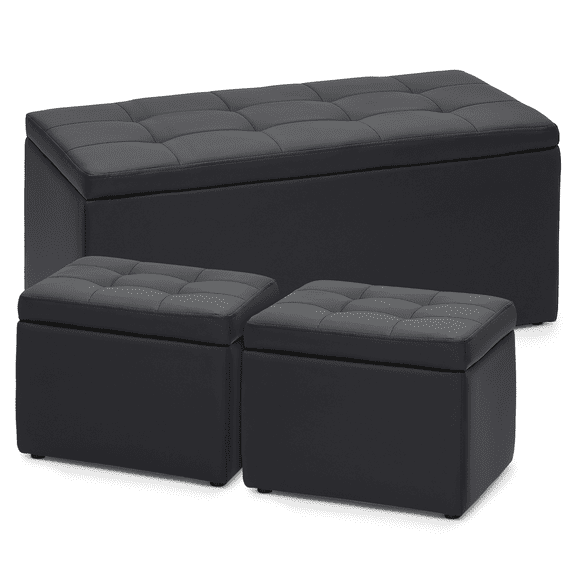 Magshion Rectangular Storage Ottoman Bench Tufted Footrest with Cube Ottomans Set of 3 PU Leather Black