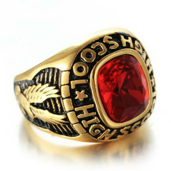 HOOUN Men Women High School Ring Stainless Steel Red CZ Vintage Biker Ring Gold Plated-11