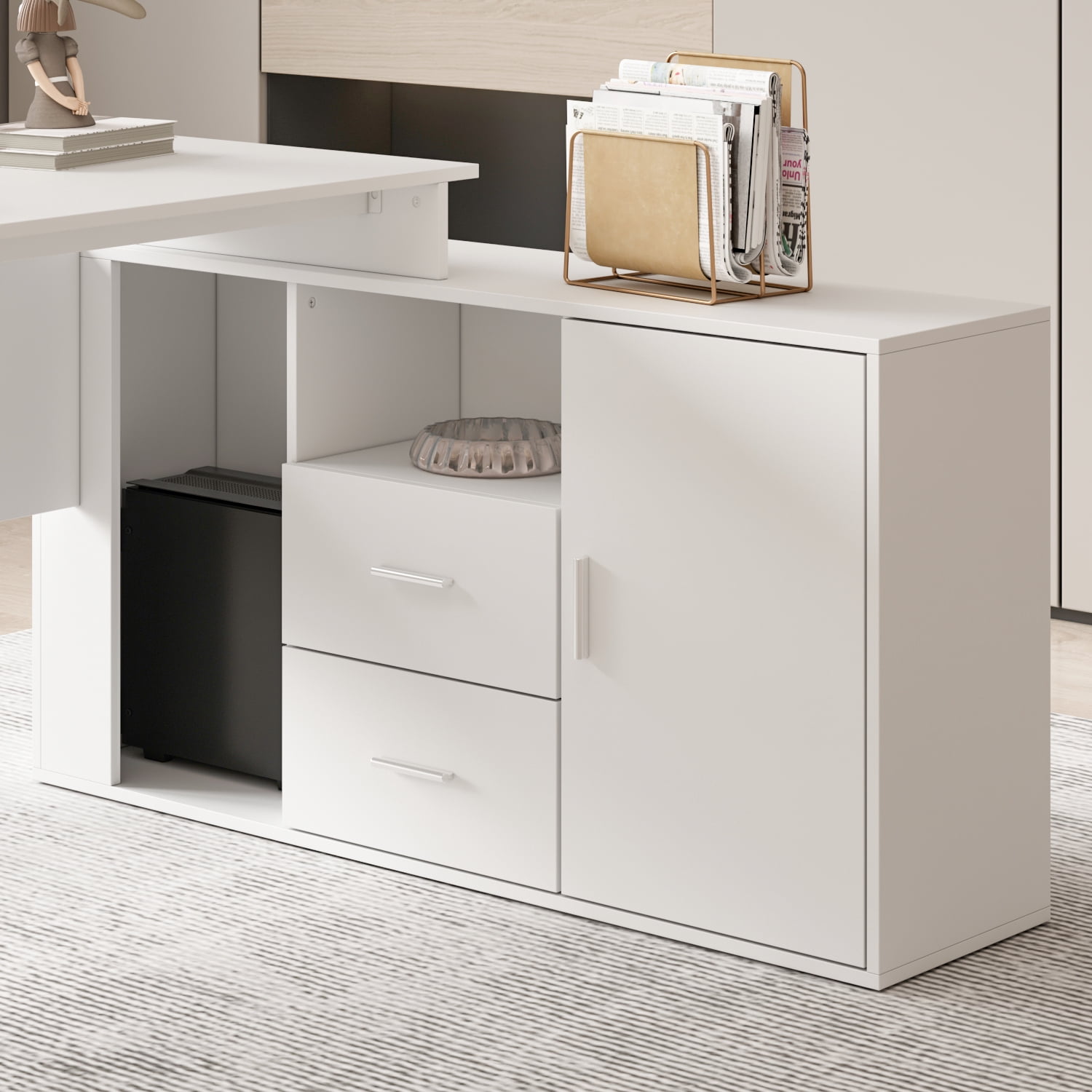 KULAGAGA Reversible L-Shaped White Writing Workstation Table, Computer Desk with Cabinet, Drawer and Shelf for Home Office Study, 55 inch