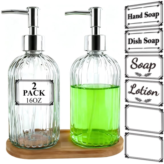 Topsome Soap Dispenser with Leak-Proof Pump, 2 Pack 16 Oz Refillable Glass Hand and Dish Soap Dispenser Set with Wood Tray and Waterproof Labels for Kitchen Bathroom