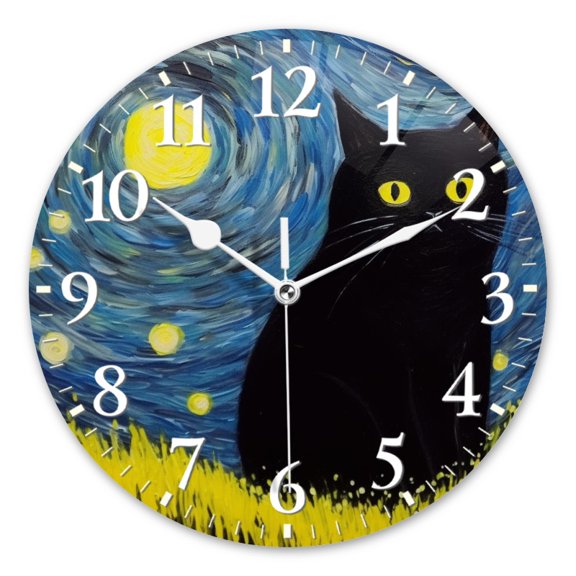 Decorative Round Wall Clocks Non-Ticking Silent Battery Operated Clocks with Photo for Bedroom,Living Room-Black Cat Starry Night Painting(10inch)