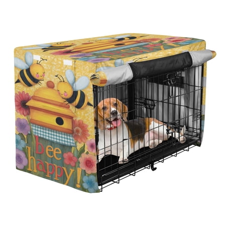 Qxltty Bee Happy Crate Cover Durable Oxford Cloth Pet Kennel Sunshade Universal Fit for 35in Wire Cage